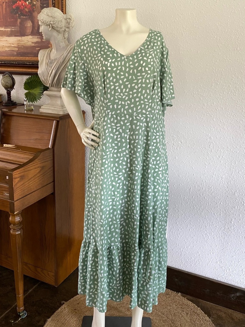 Sage Green V-Neck Maxi Dress with White Dot Print